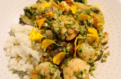 Crevettes à la gremolata, courgettes à l'ail et riz basmati (IG bas)