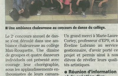 En bref par le Midi Libre en mai: concours de danse au collège Rouquette et date de réunion de comités quartier 