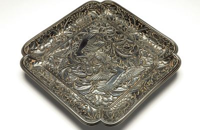 ​  ​Square Tray (Fang Pan) with Pair of Birds in Peonies, early Ming dynasty, about 1368-1450