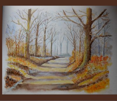 Aquarelle : un chemin en sous-bois en hiver