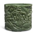 A fine and rare spinach-green jade brushpot, Qing dynasty, Qianlong period (1736-1795)