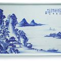 An inscribed blue and white 'Landscape' tray, Qing dynasty