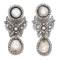 Pair of natural pearl and diamond pendent ear clips, mid 19th century