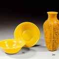 Piasa Paris. Art de la Chine : paire de bols et vase balustre en verre jaune