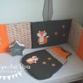 Tour lit et gigoteuse renard étoiles  orange -  gris - décoration chambre enfant forêt renard