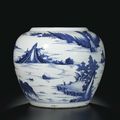 A large blue and white 'figures in landscape' jar, Qing dynasty, Kangxi period