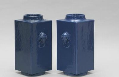 A pair of blue-glazed square vases, cong, Guangxu six-character marks and of the period