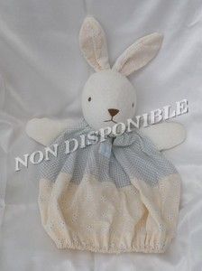 Doudou Peluche Lapin Range Pyjama Ecru Tissu Fleur Vichy Bleu Vintage Nounours
