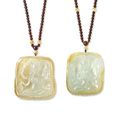Pair of bi-coloured icy yellow jadeite 'Manjushri' and 'Guanyin' pendent necklaces, Wang Junyi