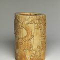 Ivory brush pot with plum blossoms and a poem, c. 1580 - c. 1640, Ming Dynasty (1368 - 1644)