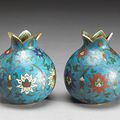 A pair of small cloisonné enameled metal vases. Qianlong 