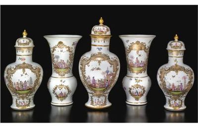 A Meissen garniture de cheminée. The porcelain circa 1730-40, the decoration probably circa 1745 