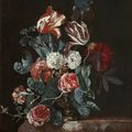 Willem van Aelst (Delft 1627 – 1683), A still life with roses, tulips and other flowers resting on a ledge
