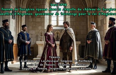 Vers 1338 Jeanne de Surgères épouse dans la chapelle du château de Surgères Geoffroi d'Argenton, gouverneur de Saintonge pour le roi d’Angleterre. 