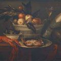Attribué à Jan Albertsz ROOTIUS (1615 -1674) - Nature morte au panier de fruits, crustacés et melon sur une table