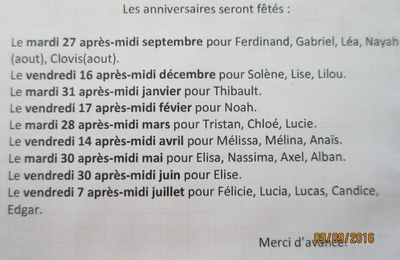 Anniversaires classe de CE1 / CE2 - Année 2016 / 2017