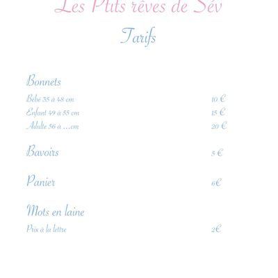 Tarifs Les Ptits rêves de Sév