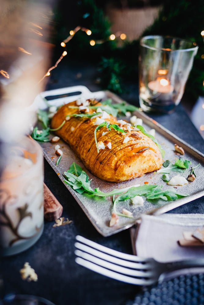 courge butternut rotie, au four, façon hasselback, miel, noel, feta, romarin, noisettes, facile, automne