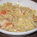 farfalle aux carottes, lardons, blancs de poulet à la crème