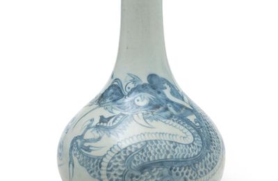 A Korean blue and white 'dragon' bottle vase, Joseon Dynasty, 18th century