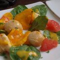 Salade tiède de Saint-Jacques et langouste à la mangue et au pamplemousse