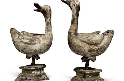 A pair of carved polychrome wood figures of ducks, Ming dynasty (1368-1644)