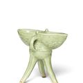 A rare small archaistic Longquan celadon tripod vessel, jue, 15th century