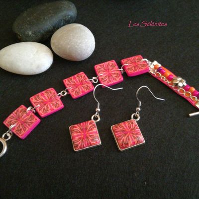 Bracelets plaques et BO "carthame,rose tendre et mandarine"