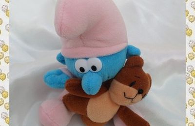 Doudou Peluche Bébé Schroumpf Assis Bleu Et Rose Avec Ourson Marron Peyo