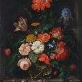 Abraham Mignon, A fringed red poppy, a tulip, an iris, roses, poppies and other flowers with insects in a glass vase on a stone 