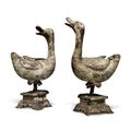 A pair of carved polychrome wood figures of ducks, Ming dynasty (1368-1644)