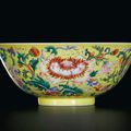 A fine famille-rose yellow-ground 'Floral ' bowl, Mark and period of Qianlong (1736-1795)