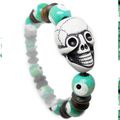 Bracelet Perle Tête de Mort Os de Yak _ Perles Bois Oeil De La Chance Vert _ Perles Marrons Elastique 