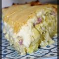 P'tite tarte aux poireaux et à la raclette gratinée, pâte à base de pommes de terre râpées