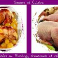 Cailles braisées au riesling, sauce au foie gras d'oie, choucroute et raisins poêlés 