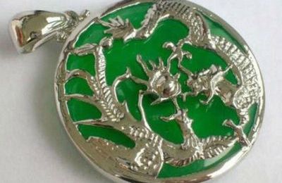 Pendentif Rond Dragon _Phénix Jade Vert Argent Du Tibet Chaîne Métal