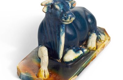 An extremely rare blue, straw and amber-glazed buffalo Tang dynasty