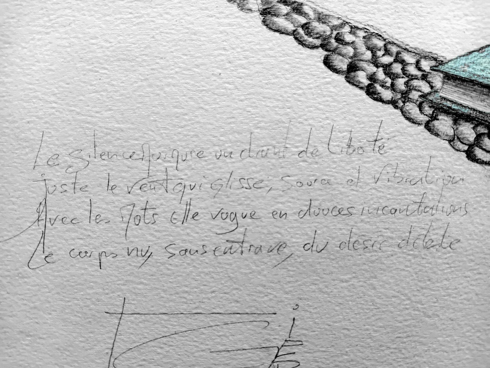 Calligraphie. Crayon noir. Texte de Corto d’Aubelaire. 