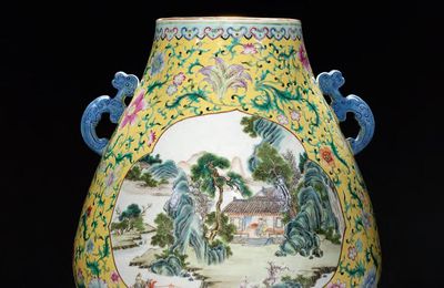 A fine large famille rose yellow-ground 'sylvan landscapes' vase, hu, Late Qing dynasty, Yongzheng six-character mark 
