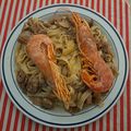 Tagliatelle aux gambones et gambas à la sauce brune aux marrons