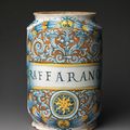 Probably workshop of Giacomo Mancini, "El Frate" (Italian, active ca. 1540–60), Pharmacy jar (albarello), 1573, Deruta