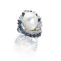 A natural pearl, diamond and sapphire cluster ring, circa 1960