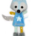 Doudou renard bleu gris jaune