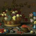 Balthasar van der Ast, Still life with fruit on a Delft plate, seashells, insects, flowers in a Wanli vase and two parrots, 1620