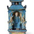A turquoise, dark-blue and ochre-glazed porcelain model of a shrine, Late Ming-Early Qing dynasty