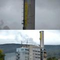 Des militants déploient sur la cheminée de Cornaux (Suisse) une banderole clamant "Ni forage, ni centrale!"