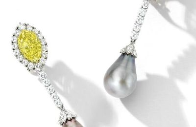 Fine Pair of Natural Pearl, Fancy Vivid Yellow Diamond and Diamond Pendent Ear Clips, Harry Winston