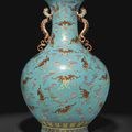 A magnificent and very rare large famille rose-enameled turquoise-ground 'Bats' vase, Qianlong incised and gilded seal mark and 