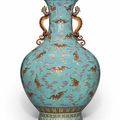 A magnificent and very rare large famille rose-enamelled turquoise-ground 'bats' vase, Qianlong mark and of the period 