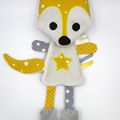 Doudou renard gris clair - jaune